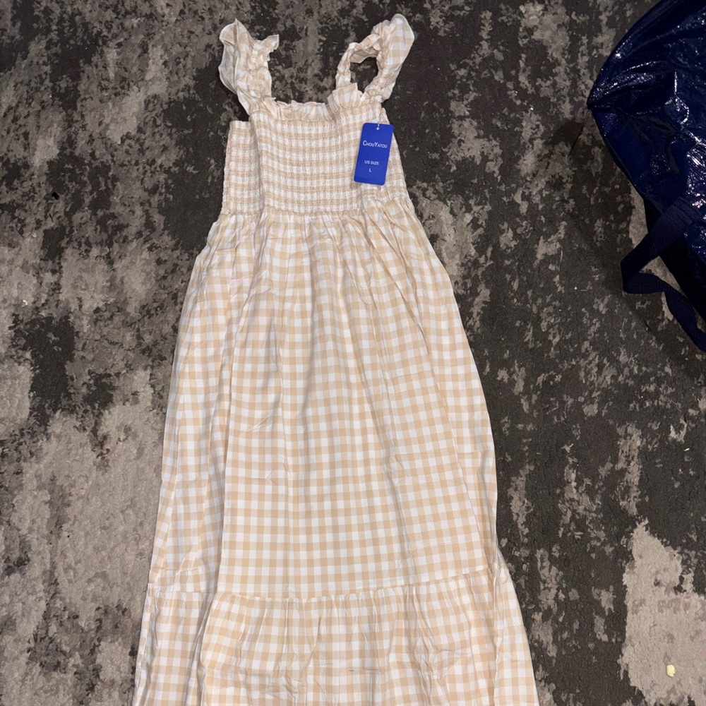 Gingham Smocked Maxi Dress in Cream